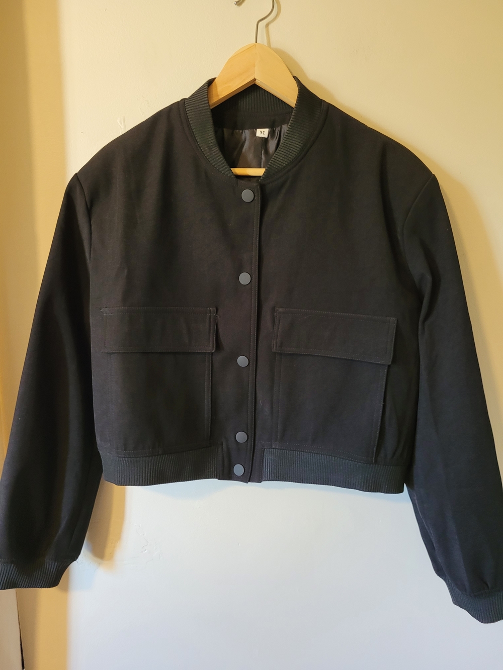 Black Cropped Bomber Jacket with Front Pockets